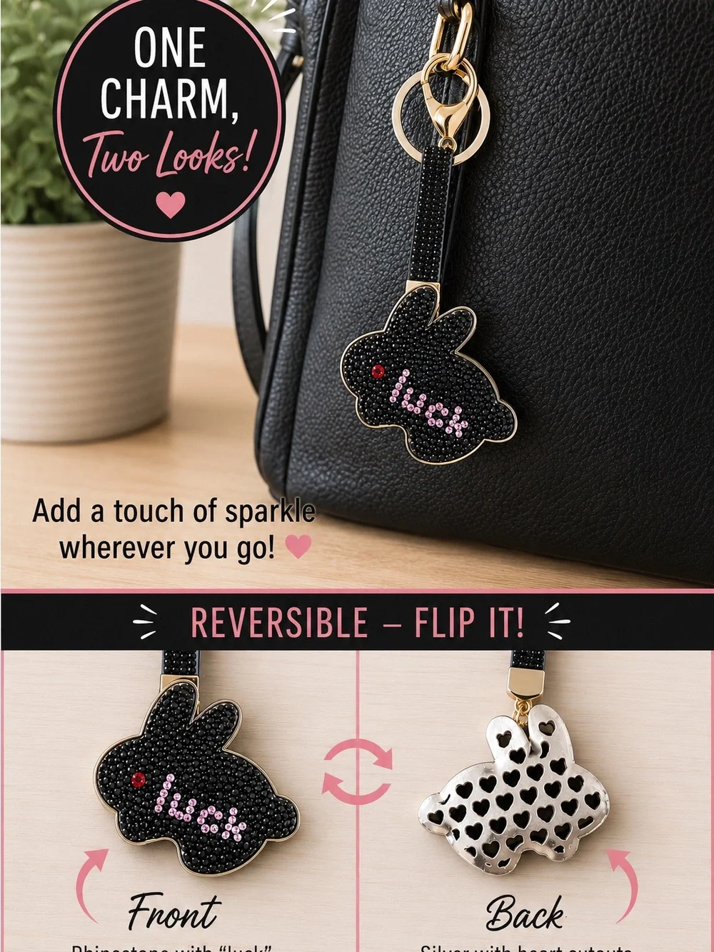 Reversible Bunny Charm Keychain - Black Sparkle